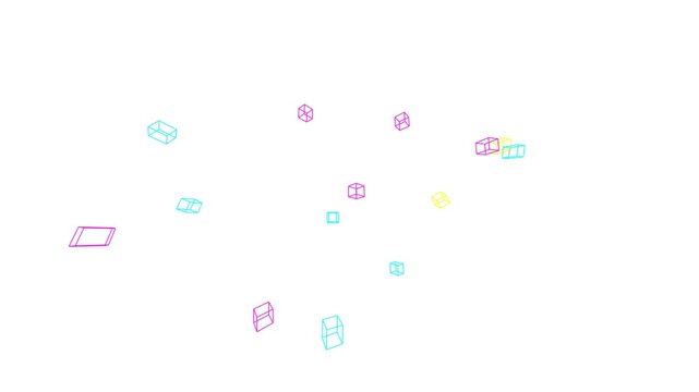 Abstract 3D Animation of Colorful Wireframe Cubes Floating on a White Background.