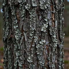 Naklejka premium Ecology and biodiversity lichen growing on rough tree bark in forest environmental health and nature conservation organic texture and botanical detail