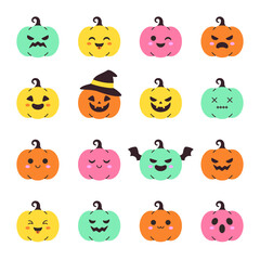 Fototapeta premium Cute Kawaii Pumpkin Face Icon Set of Sixteen
