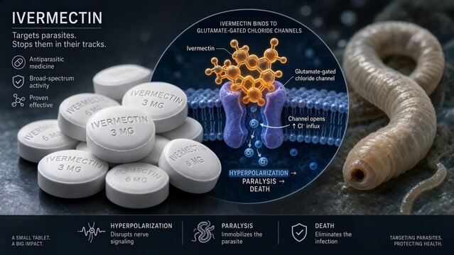 Medical ivermectin pills alongside a microscopic conceptual inset showing drug molecules acting on parasite glutamate-gated chloride channels with a worm backdrop