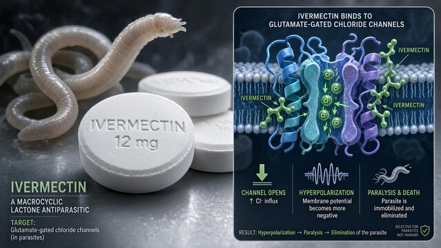Ivermectin pharmaceutical tablets accompanied by a scientific zoomed inset displaying drug binding to parasite chloride channels causing paralysis near a worm background