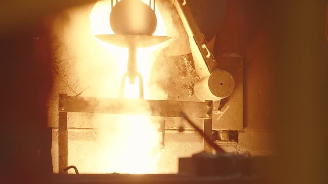 White hot molten metal gushes from a suspended ladle into a glowing chamber, filling the frame with intense light and steam.