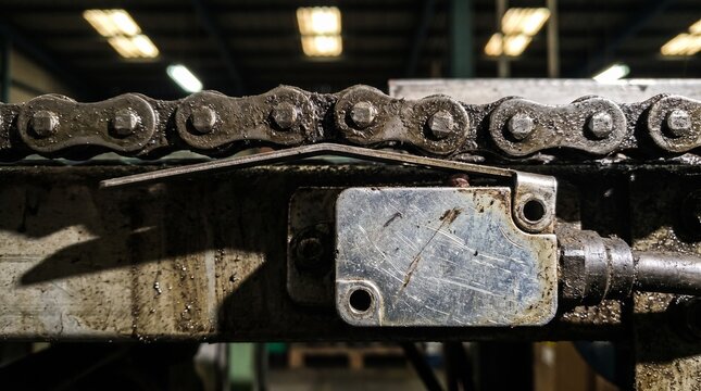 Conceptual extreme macro of a micro limit switch depressed by a heavy steel conveyor chain