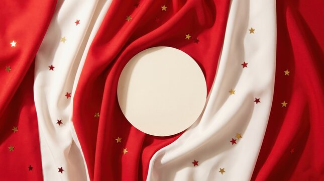 Red And White Fabric Background With Gold Stars And Empty Circle For Product Display