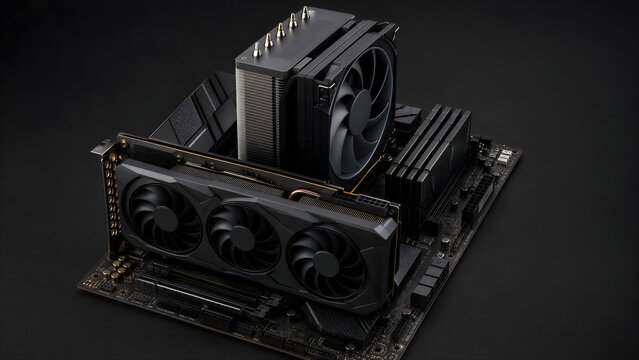 A close-up view of a high-performance computer graphics card and cooling hardware, featuring large black fans and a robust heatsink design. The components are presented against a dark background, emph