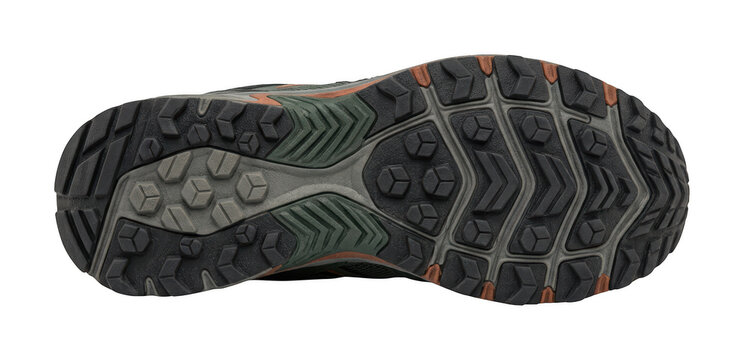Black and orange hiking shoe sole texture isolated on transparent background for designs