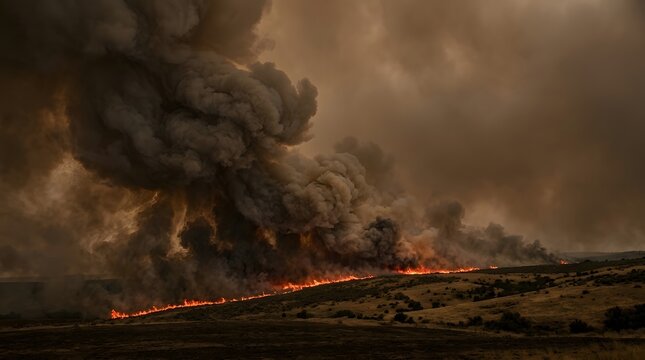Dark Smoke Billowing Over Fire Line in Open Plain