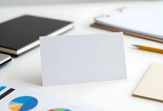 Branding and corporate identity mockup, blank white business card on office desk with stationery and financial charts for professional marketing design