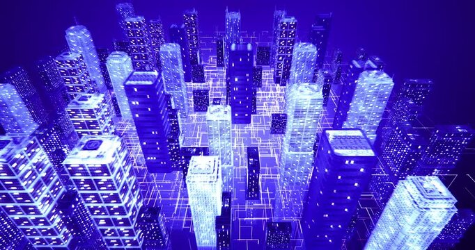 Connected futuristic city wireframe model with glowing data circuits and web lines. Technology related 3D animation.