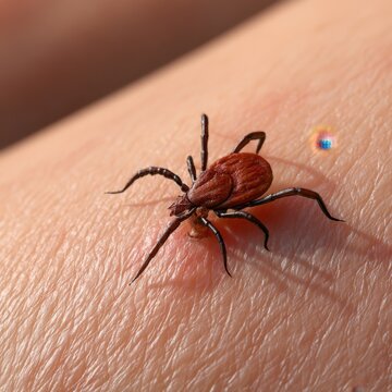 Detailed macro shot of a brown tick attached to human skin highlighting the texture and tiny legs on a natural skin background