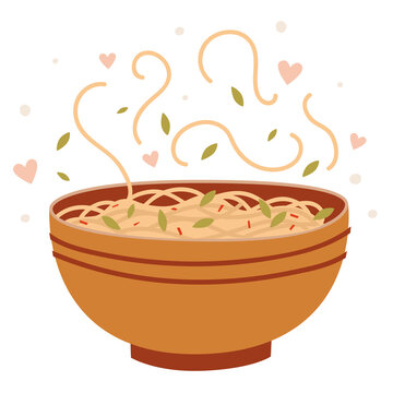 Bowl of noodles with green herbs, red seasoning, rising steam and heart symbols. Flat cartoon illustration. Asian food concept. Design for poster, print, sticker, card