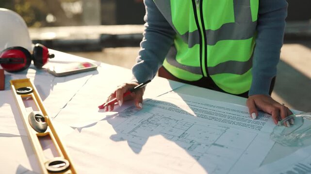 Construction, blueprint or hands on site with review, floor plan or layout in project management. Process, woman or engineer with writing, industrial sheet or architecture sketch of operation report.