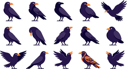 Naklejka premium Cute Cartoon Crow Face Expressions Sticker Icons Set, Kawaii Purple and Black Raven Emoji, Spooky Halloween Flying Bird Avatar Vector Flat Symbols