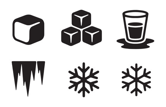 Black and white winter and cold weather icon set with ice cubes, icicles, and snowflakes.