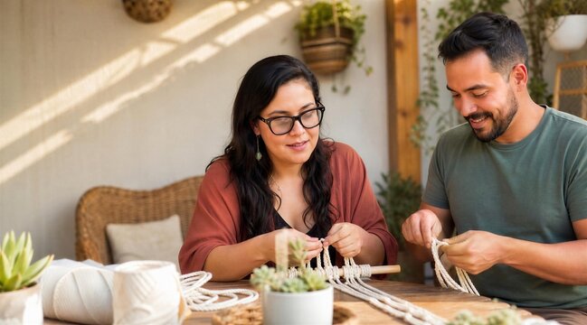 Couple Making Macrame Together at Home Workshop