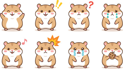 Fototapeta premium Cute Hamster Face Expressions Sticker Icons Set, Kawaii Brown and Cream Rodent Emoji and Domestic Pet Avatar Vector Flat Symbols