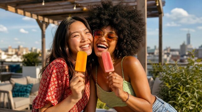 Two Women Friends Laughing with Popsicles on Rooftop Terrace