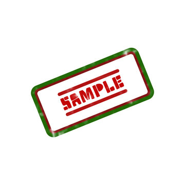 Red sample rubber stamp on white background, rectangular ink seal with green border, business office verification mark