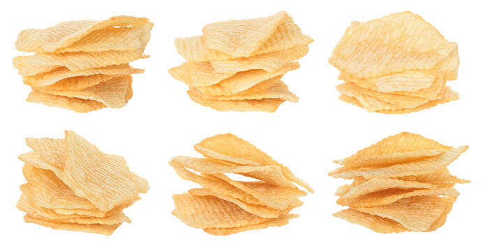 Set of heaps of potato chips isolated on transparent background. Crispy salted snack food for fast food, junk food, party and leisure, advertising template. Full focus photo
