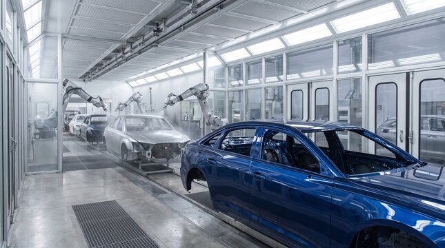 Automated robotic arm painting a blue car body on an assembly line in a modern car manufacturing factory