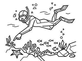 Fototapeta premium Geometric line art of diver exploring underwater coral reef with fish and sea life
