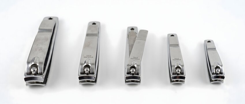 Five professional stainless steel nail clippers arranged by size