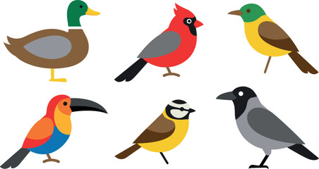 Naklejka premium Global Wild Birds Flat Icons Set, Colorful Nature Avian Breeds Mallard Duck Northern Cardinal Toucan Songbird and Crow Vector Flat Symbols