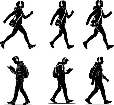 Person Walking Collection in Black Silhouette Style Featuring Music Listener and Reader Poses