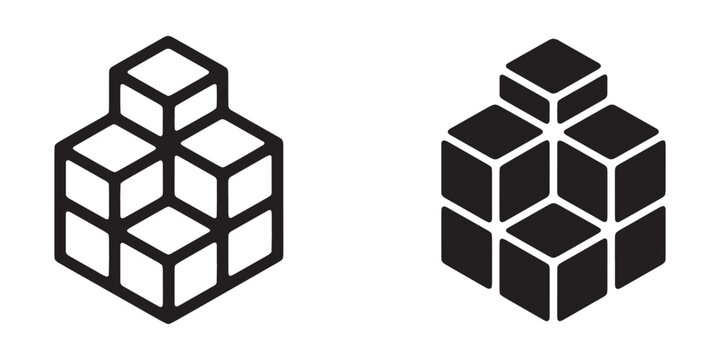 Cube stack isometric outline and solid silhouette vector illustrations for block building concepts.