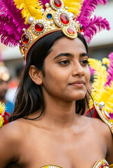 Naklejka premium Carnival celebration and cultural diversity, young woman wearing ornate feathered headdress and costume during traditional street parade festival