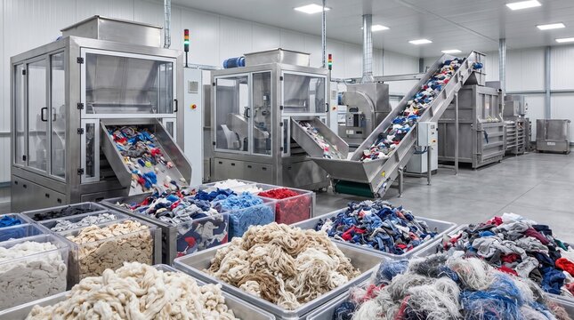 Industrial sorting machines processing plastic waste and colorful materials in a modern recycling facility plant