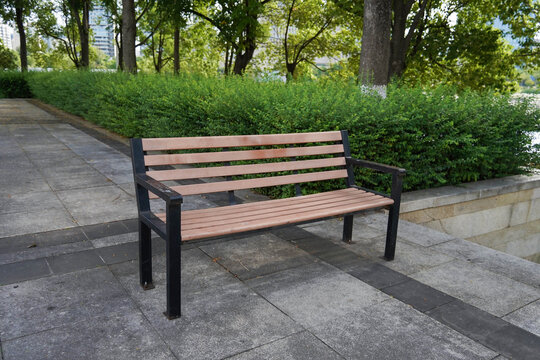 Empty park bench along a paved walkway with lush green bushes