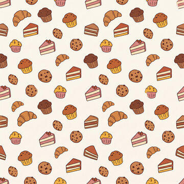 Cute seamless repeating pattern with hand-drawn bakery food, croissants, muffins, cookies, and cake slices