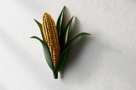 Single ear of corn with vibrant green leaves casting a shadow on a textured white surface symbolizing fresh agriculture and natural produce