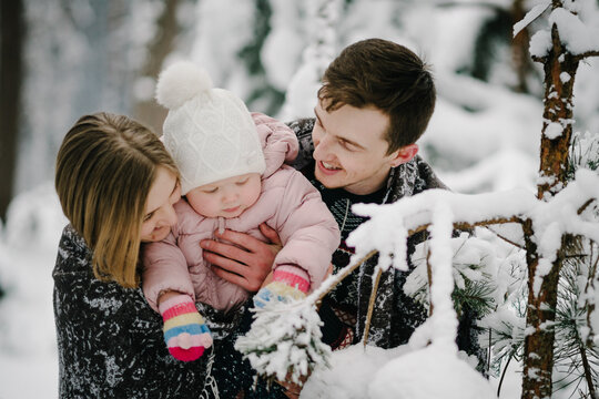 Father, mother hugging child, wrapped in warm blanket, walking in winter forest. Dad, mom tenderly holding daughter, enjoying snowy nature. Happy family holidays. Closeup.