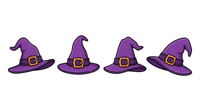 A delightful collection of four purple witch hats perfect for halloween costumes and spooky seasonal decorations adding a magical touch to any