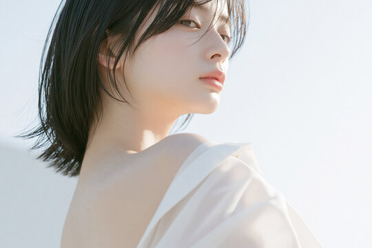 透明感のある美しい肌のショートカットの女性