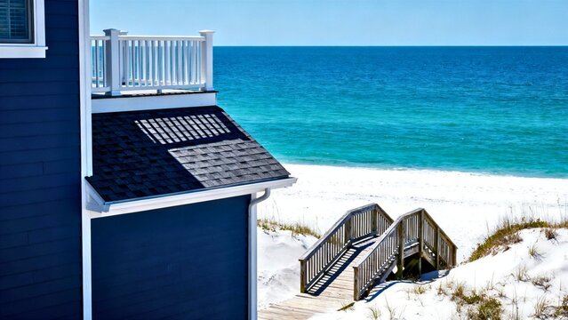 A classic beach house in Rehoboth Beach, Delaware, with navy-blue siding and white trim, harsh sun casting sharp shadows, a wooden beach access ramp leading toward turquoise water.