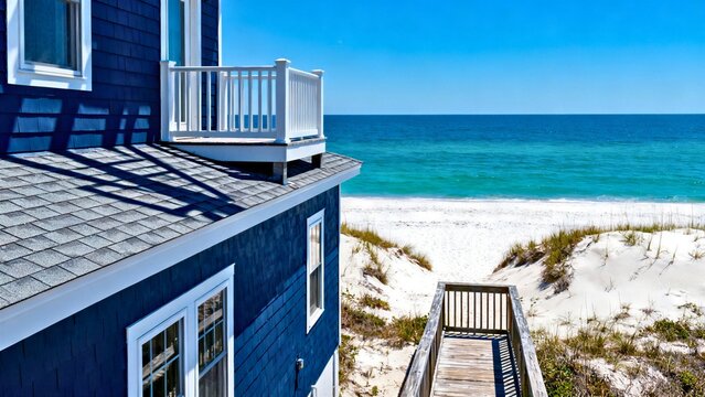 A classic beach house in Rehoboth Beach, Delaware, with navy-blue siding and white trim, harsh sun casting sharp shadows, a wooden beach access ramp leading toward turquoise water.