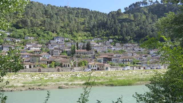 Gorica quarter Ottoman houses stacked on wooded hillside above the Osum River Berat