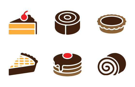 Sweet bakery desserts set featuring cake slice roll pie pancakes and tart colorful graphic icon.