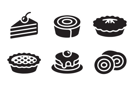Black silhouette dessert icons collection showing cake slice roll pie pancakes and tart for menu.
