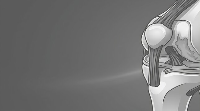 Knee joint 3D render. Anatomical bone model on dark gradient with copy space. Medical illustration for orthopedics, presentation, science and healthcare design.