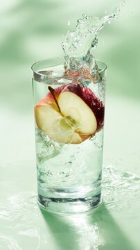 A fresh apple slice splashes in a clear glass of water, highlighted by pastel green tones. Minimal, clean composition evokes natural skincare and hydration.