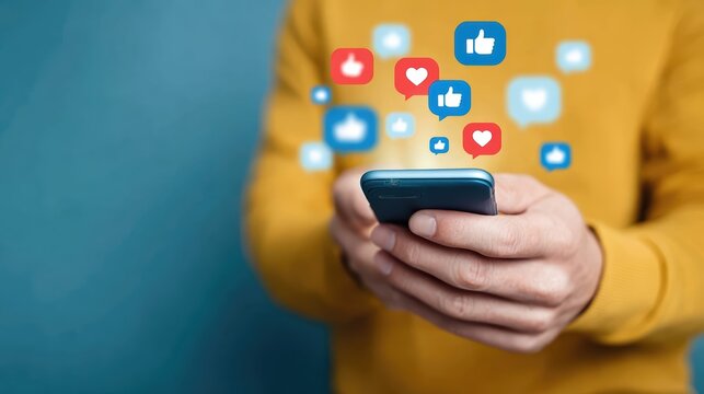 A person uses a smartphone as glowing social media heart and like icons float upward. Ultra realistic digital communication scene with vibrant notifications and bokeh background.
