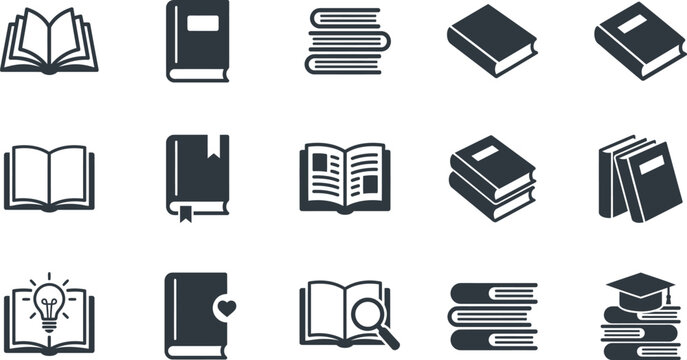 Minimalist book icon set, 15 black vector education symbols, academic library and reading glyphs for web design