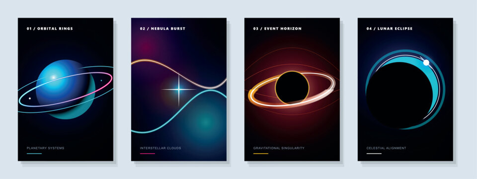 Sci-Fi Space Exploration Poster Template Set with Orbiting Planets, Cosmic Event Horizon, and Neon Rings for Futuristic Event Banners