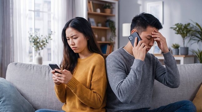 Stressed young couple sitting back to back on sofa checking phones during relationship disagreement at home