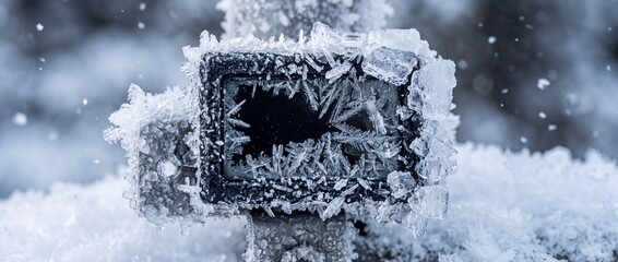 Obraz premium Digital device screen covered in delicate ice crystals and frost, depicting extreme cold weather conditions and freezing temperatures