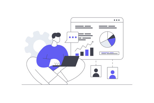 Sharing Link Distribution and Digital Content Networking. Male Specialist Working on Laptop near Analytics Screen and User Connections. Flat Cartoon Vector Illustration, icon Stylish abstract design 